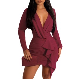 GarRela Women's Bodycon Sexy Ruched Wrap Dress Long Sleeve Deep V Neck Elegant Cocktail Mini Dresses