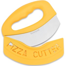 Suanyok Premium Pizza Cutter Food Chopper-Super Sharp Blade Stainless Steel Pizza Cutter Rocker Slicer with Protective Sheath Multi Function Pizza Knife Kitchen Tools,Dishwasher Safe (Yellow)