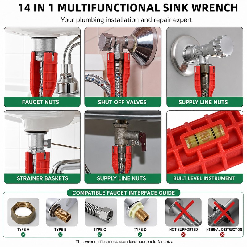 14-in-1 Multi-functional Wrench for Toilet, Kitchen Plumbing Installation and Repairs
