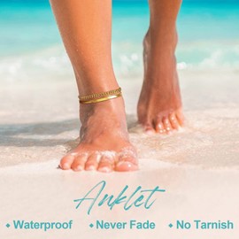 FOCALOOK Womens Gold Plated Ankle Bracelet Snake Chain Anklets No Tarnish Stainless Steel Anklet Chain Summer Bracelets for Ladies Females