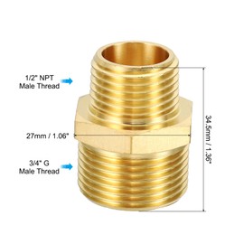 PATIKIL Brass Pipe Fitting Adapter, 1/2" NPT Male Thread x 3/4" G Male Thread Brass Reducer Hex Tubing Hose Connector Adaptor with Washer for Plumbing Water Line