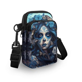 TSOVTHRID Sugar Skull Women Blue Flower Cross Body Bag, Small Messenger Bags Travel Shoulder Bag with Adjustable Shoulder Strap