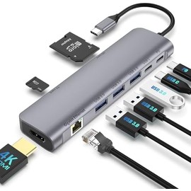 HUB C 9 en 1 USB con HDMI 4K, PD de 100 W, puerto USB C, USB 3.0, RJ45 Ethernet, lector de tarjetas SDTF, estación de acoplamiento compatible con