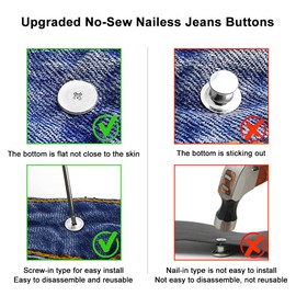 Jeans Buttons, 15 Sets 17mm No-Sew Nailess Removable Metal Jeans Button Replacement Repair Combo Thread Rivets and Screwdrivers