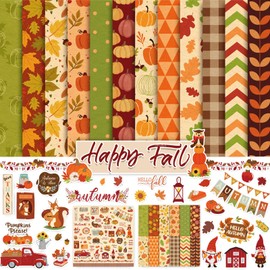 Whaline 24Pcs Fall Pattern Paper with Stickers 12 Design Double-Sided Autumn Scrapbook Specialty Paper Fall Leaves Craft Paper Folded Flat for DIY Card Making Photo Album Decoration, 11.8×11.8inch