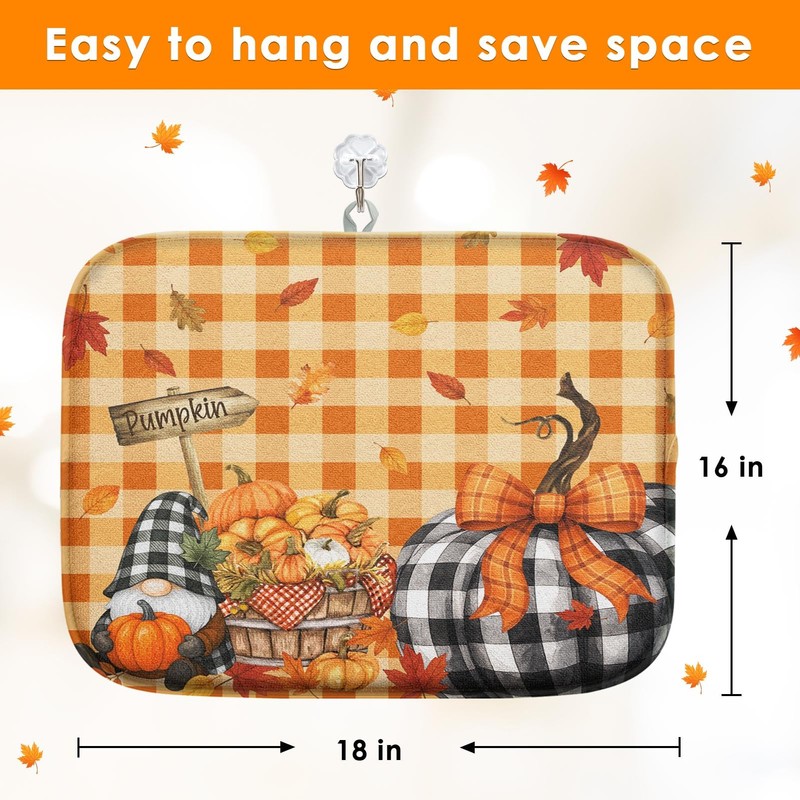 Sanwarm Fall Orange Pumpkin Gnome Absorbent Dish Drying Mat,Autumn Buffalo