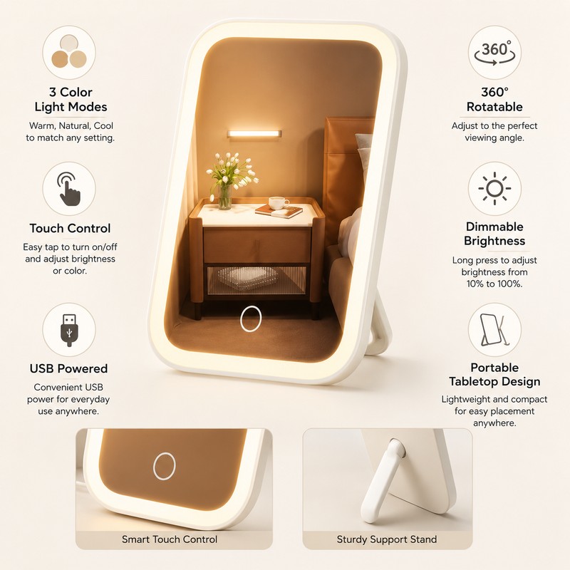 LED Makeup Mirror for Travel & Bedroom – 3-Color Dimmable