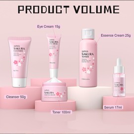 Japan Sakura Skincare Set,Sakura Gesichtspflege Geschenke Set mit Toner,Reinigungsmittel,Essenz,Gesichtscreme & Augencreme,Sakura Gesichtspflege Set für Mädchen Frauen Gesicht Reinigung