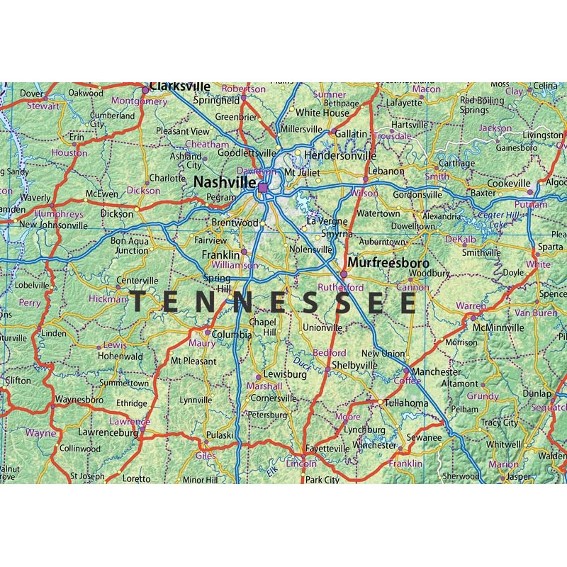 Tennessee, Alabama and Georgia Physical Map - 23.3 x 16.5