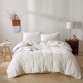 BFS HOME Stonewashed Cotton/Linen Queen Duvet Cover, 3-Piece Comforter Cover Set, Breathable and Skin-Friendly Bedding Set (Off-White, Queen)