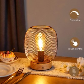 JHY DESIGN Dimmable Touch Bedside Table Lamp Metal Cage Rechargeable Battery Powered Lamp with LED Bulb Cordless Accent Lamp for Weddings Parties Patio Events for Indoors Outdoors(Round, Wooden Base)