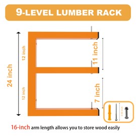 6 Pack Wall-Mounted Lumber Rack, Heavy Duty Wood Storage Racks, 9-Level System Garage Shelving, 1980 LBS Capacity Hanging Organizer Shelves, Orange Brackets Utility Metal Shelf for Indoor and Outdoor