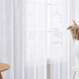 Sheer Curtains White 95 Inches Vintage Embroidered Floral, Window Treatments Rod Pocket Drapes for Living room, Bedroom, Semi Crinkle Voile Curtain Panels for Yard, Villa, Parlor, Set of 2, 52"x95".
