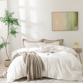 BDEAR Linen Feel Duvet Cover Oversize Queen Size, 100% Washed Cotton Comforter Cover Size 98x98inch with Zipper Closure and 2 Pillowcases, Solid-Off White