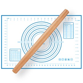 Wood French Rolling Pin for Baking, QUELLANCE Wooden Dough Roller with Silicone Baking Mat, Beech Wood Rolling Pins for Baking Dough, Pizza, Pie, Pastries, Pasta and Cookies,Blue Pastry Mat