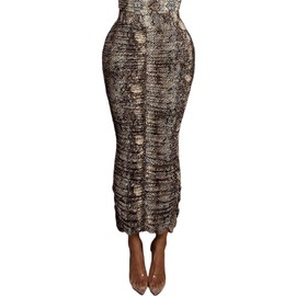 Women's Leopard Skirt Midi Long High Waist Silk Satin Elastic Cheetah Skirt Office Pencil Skirt (Serpentine,XL)