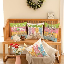 GEEORY Happy Easter Bunny Kisses Easter Wishes Throw Pillow Covers 18x18 Inch Set of 4, Stripes Spring Decorative Farmhouse Holiday Cushion Case for Home Decoration (Rainbow Carrots) G681-18