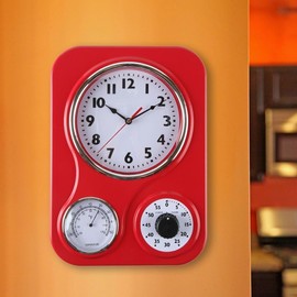 Lily's Home - 9.5 Inch x 12.5 Inch - Retro Kitchen Wall Clock, Vintage Wall Clock with a Thermometer and 60-Minute Timer, Ideal for Any Kitchen, Office, or Diner (Red)