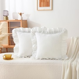 Jilboo Shabby Ruffle Throw Pillow Covers 18×18 inches, 100% Washed Cotton Farmhouse Vintage Decorative Pillow Shams for Bed/Living Room (Set of 2, Off White, 18"x18")