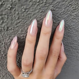 BFY Press on Nails Medium Almond, Light Pink Chrome Fake Nails, Gel Acrylic Nails Set Stick Glue on Nails, Shiny Glossy False Nails Elegant Women Girls Nail Accessories Decorations 24 Pcs