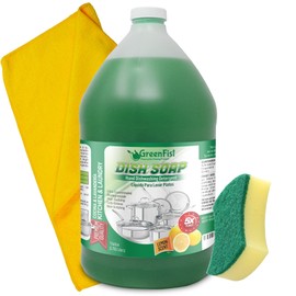 GreenFist Green Dish Soap [ Lemon Scent ] Manual Pot & Pan Professional Detergent Liquid Refill Pot & Pan Dish-Wash - Light or Heavy Use , 128 ounce (1 Gallon W/ Sponge & Towel)