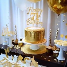 Decoración para tartas de feliz cumpleaños 71, decoraciones de cumpleaños 71 para hombres/mujeres, saludos a 71 años, Hello 71, suministros para fiesta de cumpleaños 71, 71, purpurina dorada