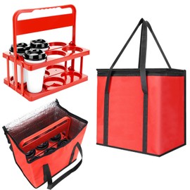 LEIFEOSH LEIFEOSH Reusable 6 Cup Drink Carrier with Handle and Insulated Bag for Hot and Cold Drink/Food, Foldable Plastic Cup Holder and Large Capacity Insulated Food Bag for Travel and Delivery, Red