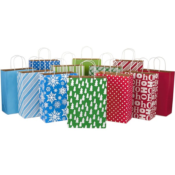 Hallmark 13" Large Christmas Gift Bag Assortment, Holiday Icons (12 Paper Gift Bags in Assorted Designs for Hanukkah or Christmas Gifts | Stripes, Polka Dots, Snowflakes, Christmas Trees)
