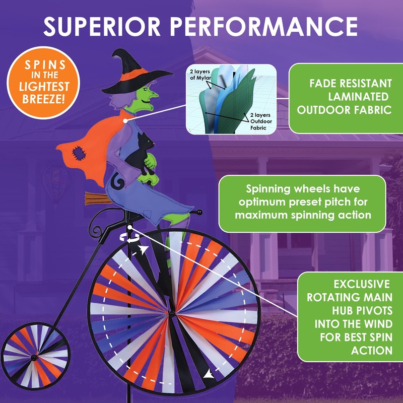 High Wheel Bike Spinner Witch – Spooky Halloween Design, Weather-Resistant