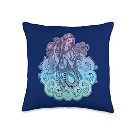 Mermaid and Siren Fashion for Girls of Summer Mermaid Sea Waves Braids Vintage Hippie Boho Mermaidcore Throw Pillow, 16x16, Multicolor