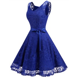 Dressystar 0010 Women Floral Lace Bridesmaid Party Dress Short Prom Dress V Neck Royal Blue XS