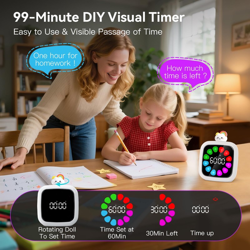 Yunbaoit Digital Visual Timer for Kids, Rechargeable 99-Minute Silent Countdown