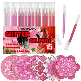 HUJUGAKO Glitter Gel Pens, 15 Colors Red Pink Sparkle Gel Pens Set,500% More Gel Ink Pens for Coloring Books, Journaling, Drawing, Scrapbooking & DIY Crafts, Smooth Writing