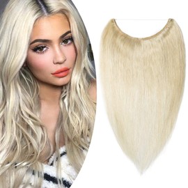 20" One Piece Straight Remy Human Hair Miracle Wire Hair Extensions - Secret Invisible No Clip No Glue - Hairpieces for Women [50cm,70g,#60 Platinum Blonde]