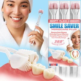 Smile Saver 360° Periocare 3-Sided Toothbrush for Gum Health Massage Therapy | Sustainable U-Shaped Triple Perio Sensitive Soft Bristle Heads + Tongue Scraper Fresh Breath (Pink Heads - Ultra Soft)