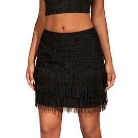 WDIRARA Women's Fringe Trim Tweed Skirt High Waist Layered Swing Party Mini Skirts Black S