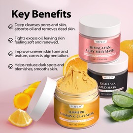 YLNALO Stocking Stuffers for Women 3 Pcs Clay Facial Mask Set - Turmeric Vitamin C, Dead Sea and Himalayan Clay Skin Care Mask for Deep Cleansing, Moisturizing, and Refining Pores, Spa Facial Mask Set