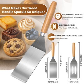 2-Piece Small Stainless Steel Spatula Set with Wooden Handles, Ideal for Flipping, Cooking, and Serving. Perfect for Brownies, Tiramisu, Cookies, Lasagna, and Pancakes.