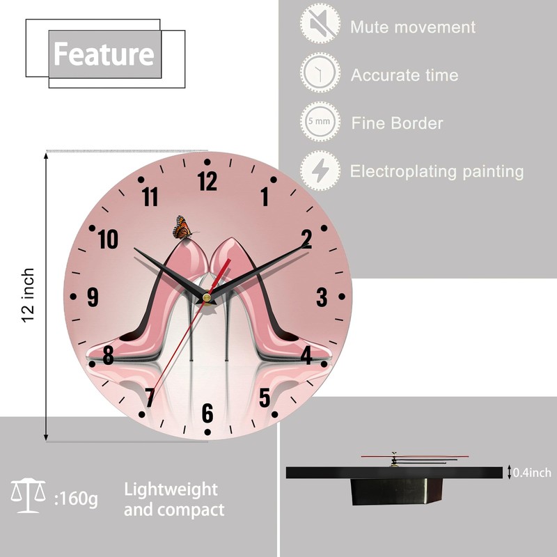 SPUNKER Clock for Bedroom,Pink High Heel Shoes Wall Clocks,Butterfly Battery