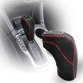 LANZMYAN Hand-Stitched Gear Shift Knob Cover Compatible with Chevy Premium Leather Protective Cover for Equinox 2016-2021 for Malibu 2016-2020 for Cruze 2016-2019,Automatic Accessories(Red Thread)