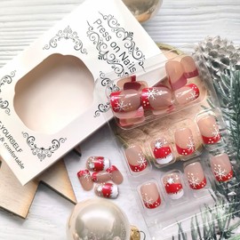 24Pcs Christmas French Tip Press on Nails Short Square Fake Nails for Red Christmas Hat Nails Art White French Tips False Nails Christmas Snowflake Full Cover Artificial Glue on Nails for Women Kit