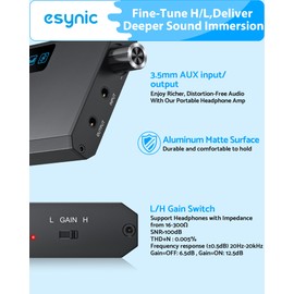 eSynic Portable Headphone Amplifier with Bluetooth 5.1 Receiver, HiFi 3.5mm Audio Headpone Amp Support 16-300 Ohm &Dual Gain Switch/Rechargeable 13H Playback/SNR>100dB THD 0.005%/for Car or Home Use