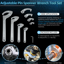 Sunluway Adjustable Pin Spanner Wrench Tool Set, 9 Pack C Spanner Nut Wrench Tools with Changeable Heads, Coilover Hook Wrenches for Suspension System Collar, Nut Adjustment, 3/4" to 6-7/10"