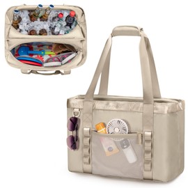 Yarwo Large Beach Bag with Insulated Cooler, Extra Beach Vacation Tote Bag with Wet Dry Pockets and Luggage Strap for Swim, Pool, Camel