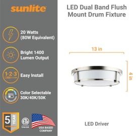 Sunlite 82001 13" LED Dual Band Flush Mount, Mid-Century Modern Drum Fixture, Adjustable 3 CCT 3000K-5000K, 1400 Lumens, 20 Watts, Dimmable, Round Opal Acrylic Diffuser, Brushed Nickel Finish