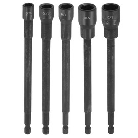 HARFINGTON 5pcs Nut Driver Drill Bit Set 3/8,7/16,9/32,11/32,1/2 Inch Socket 1/4" Hex Shank 6" (150mm) Extra Long Magnetic 6-Point Sockets Quick Change Chrome Vanadium Steel Bolt Setters