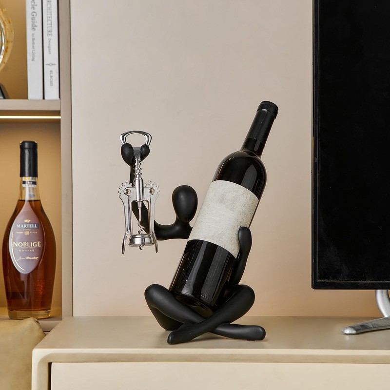 FJSPERM Thinker Statue Wine Rack, Black Modern Rack for Kitchen