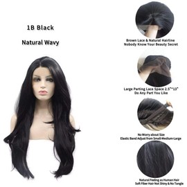 Xiweiya Long Natural Wavy Synthetic Lace Front Wigs For Black Women Black Hair Wig Heat Resistant Fiber Half Hand Tied 24Inch