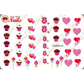 Valentine's Day Love, Heart, Roses, Kisses, Owl and Cupcakes (Ver.8) Clear waterslide Nail Art Decals (Tattoos) by One Stop Decals.