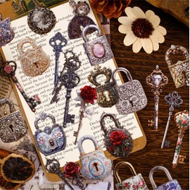 180PCS Lock Key Scrapbook Stickers Kit Lock Key Waterproof Stickers Set for Junk Journal Journaling Water Bottles Phone Laptop Decals Pack for Teens Girls Kids Adults